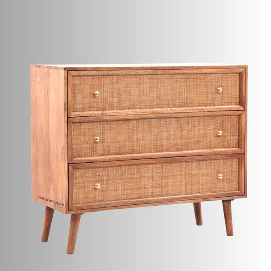 Tihsa Wooden Rattan Chest of Drawer (Light Brown) | Wooden Chest of drawers | Solid Wood Storage Furniture | Rattan Furniture | Rattan Cabinets| Furnweave | Solid Wood Furniture Online