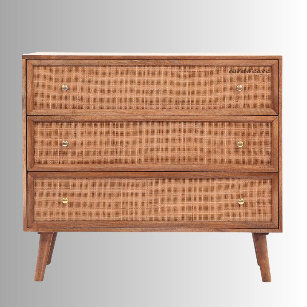 Tihsa Wooden Rattan Chest of Drawer (Light Brown) | Wooden Chest of drawers | Solid Wood Storage Furniture | Rattan Furniture | Rattan Cabinets| Furnweave | Solid Wood Furniture Online
