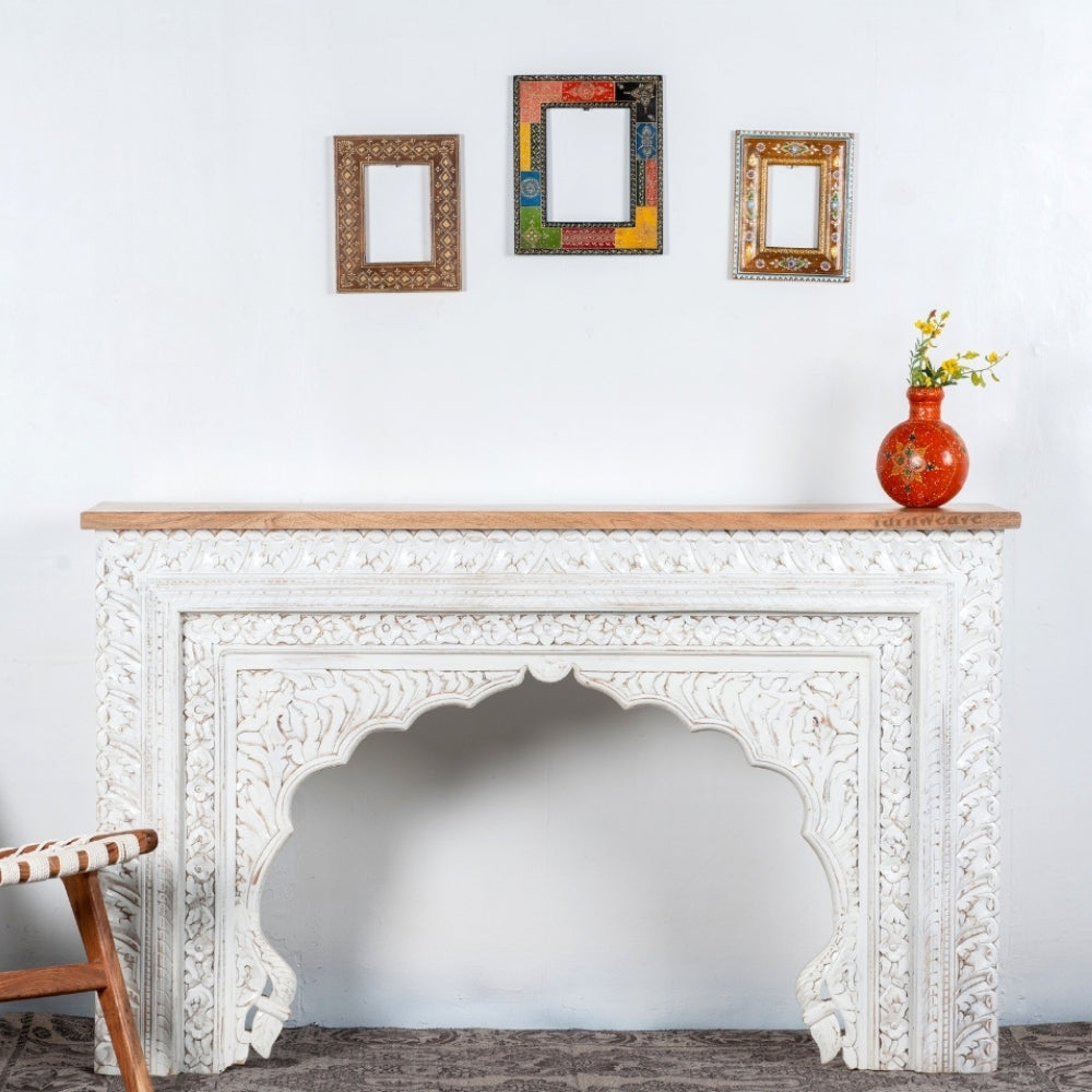 Evina Wooden Carved Console Table (White Distress)