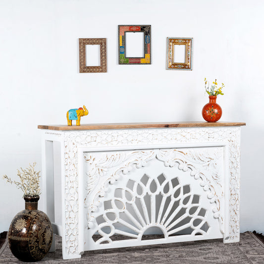 Jakea Wooden Carved Entryway Console Table (White Distress)