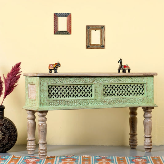 Ketar Wooden Carved Foyer Console (Green and Beige Distress) | Entryway Console Table | Foyer Console Unit | Solid Wood Console Table | Wooden Console Unit | Furnweave