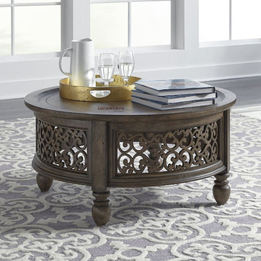 Dome Wooden Round Coffee Table with Jali Work (Walnut)