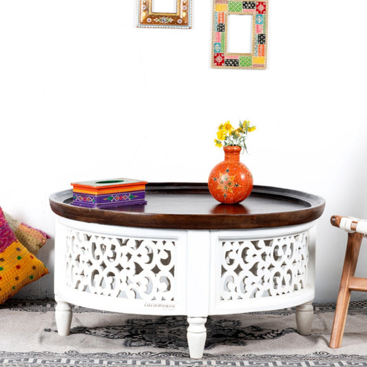 Dome Wooden Round Coffee Table with Jali Work (White)