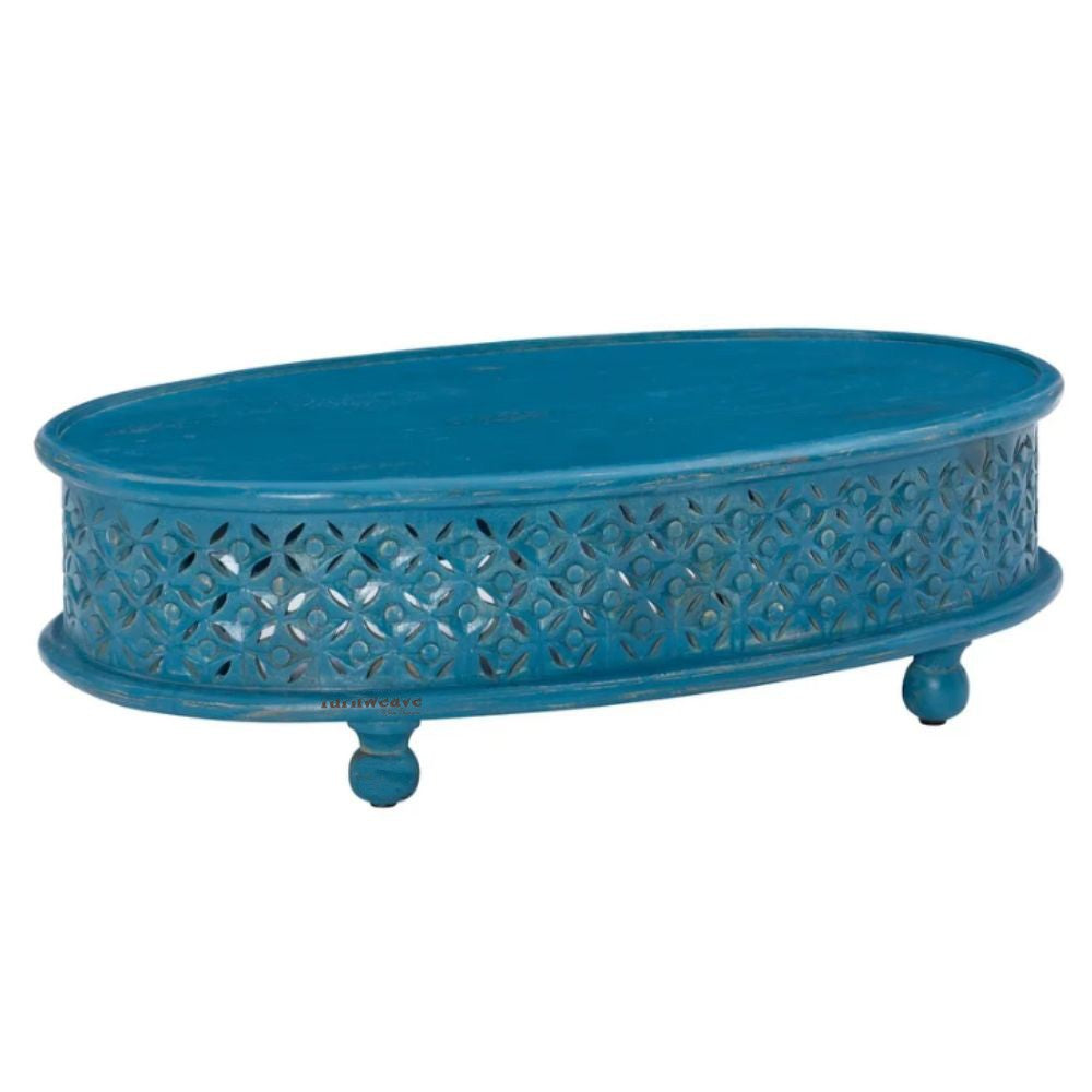 Kara Wooden Carved Coffee Table (Blue Antique)