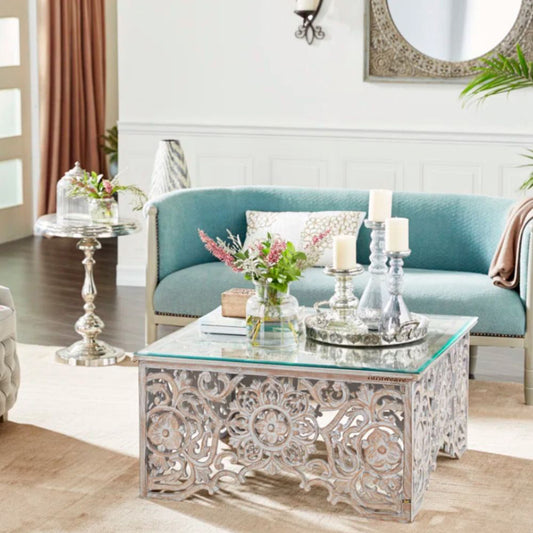 Eaton Wooden Coffee Table Carved (White Distress)