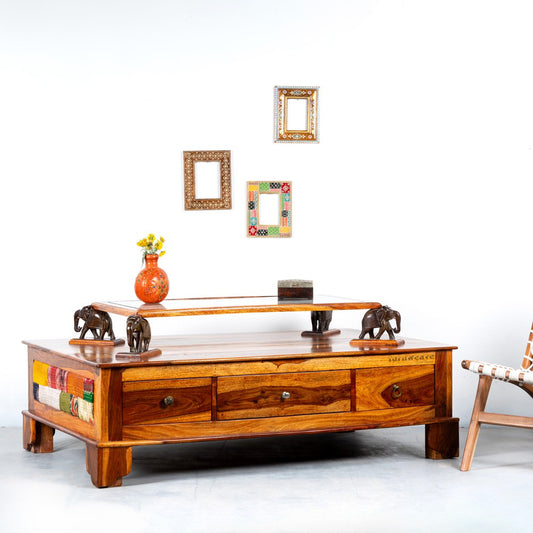 Avel Wooden Large Coffee Table in Sheesham Wood (Honey) | Solid Wood Coffee Table | Wooden Coffee Table | Wooden Centre Table | Coffee Table with Drawers | Furnweave | Solid Wood Furniture Online