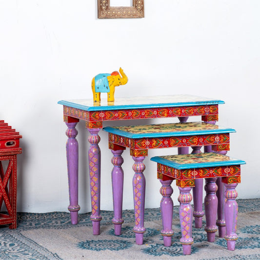 Gulmohar Wooden Handpainted Tables Set of Three ( Handpainted 1)