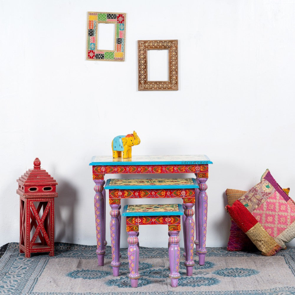 Gulmohar Wooden Handpainted Tables Set of Three ( Handpainted 1)