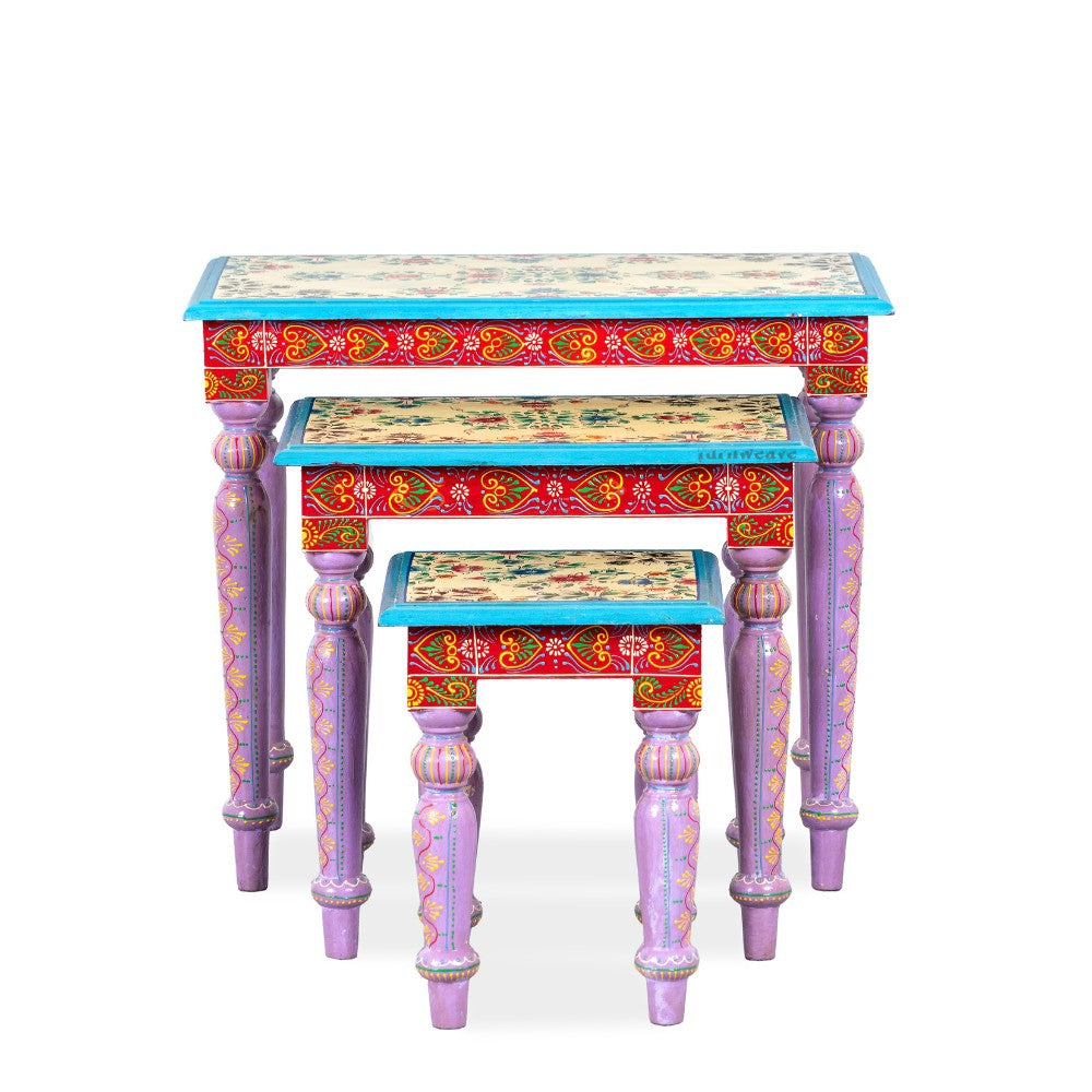 Gulmohar Wooden Handpainted Tables Set of Three ( Handpainted 1)