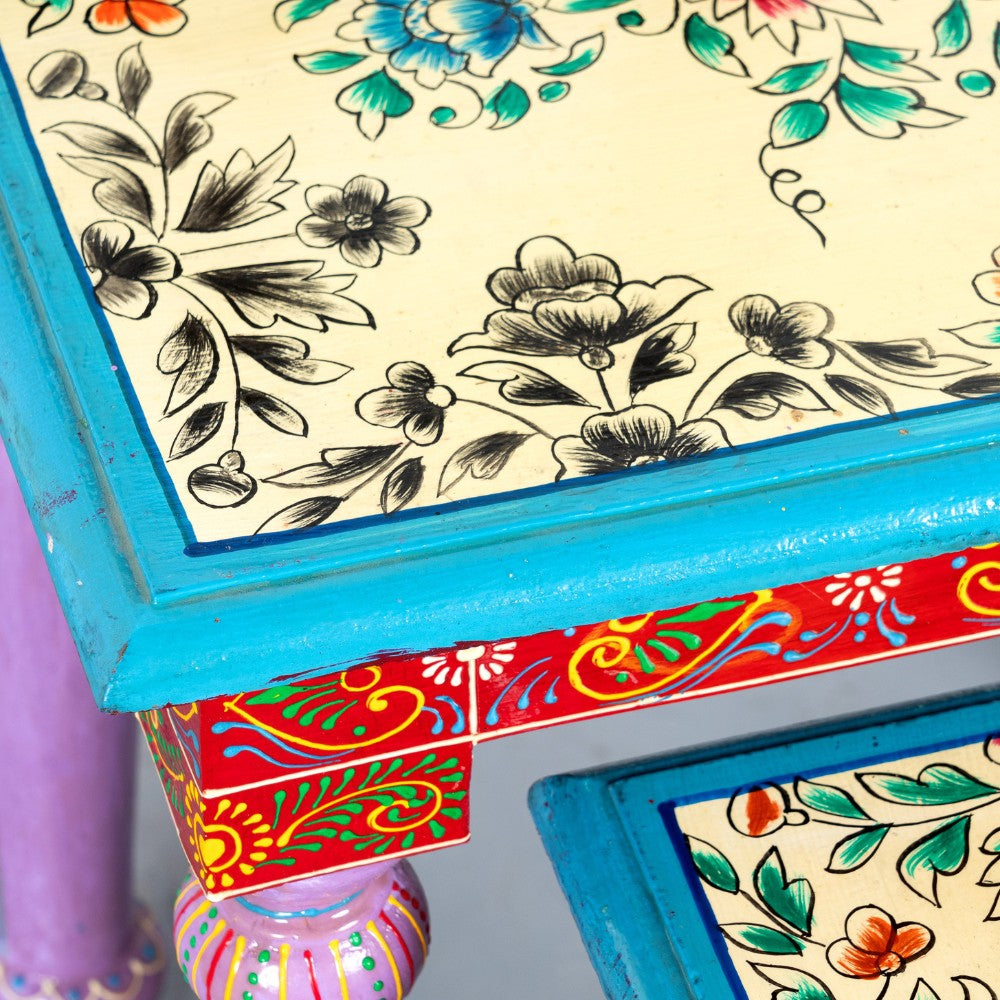 Gulmohar Wooden Handpainted Tables Set of Three ( Handpainted 1)