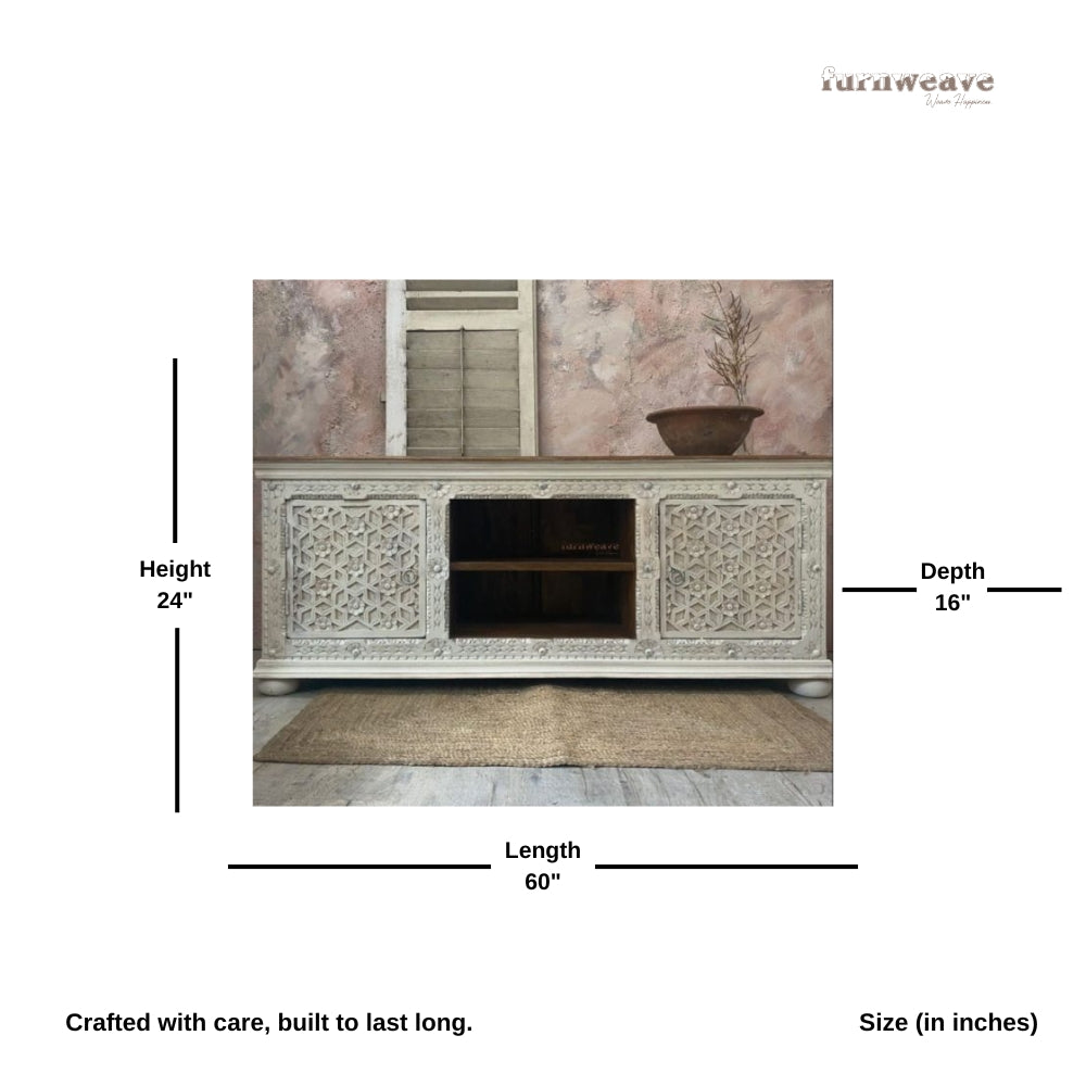 Quvi Wooden Carved TV Cabinet (Light Grey)