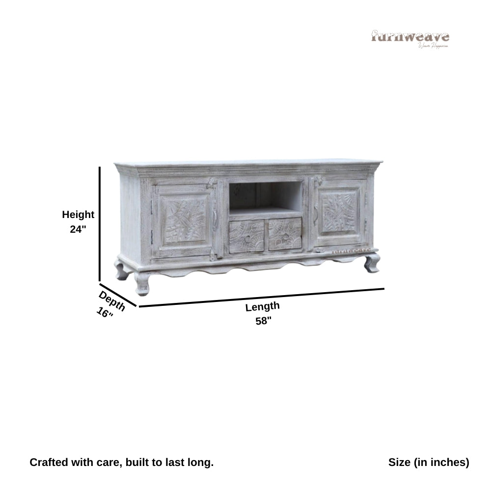 Freida Wooden Carved Antique TV Cabinet (White Distress)