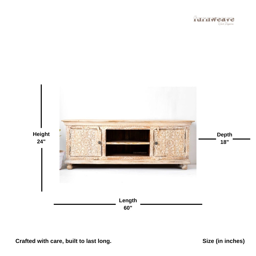 Abrata Wooden Carved Tv Unit (Cream Distress)