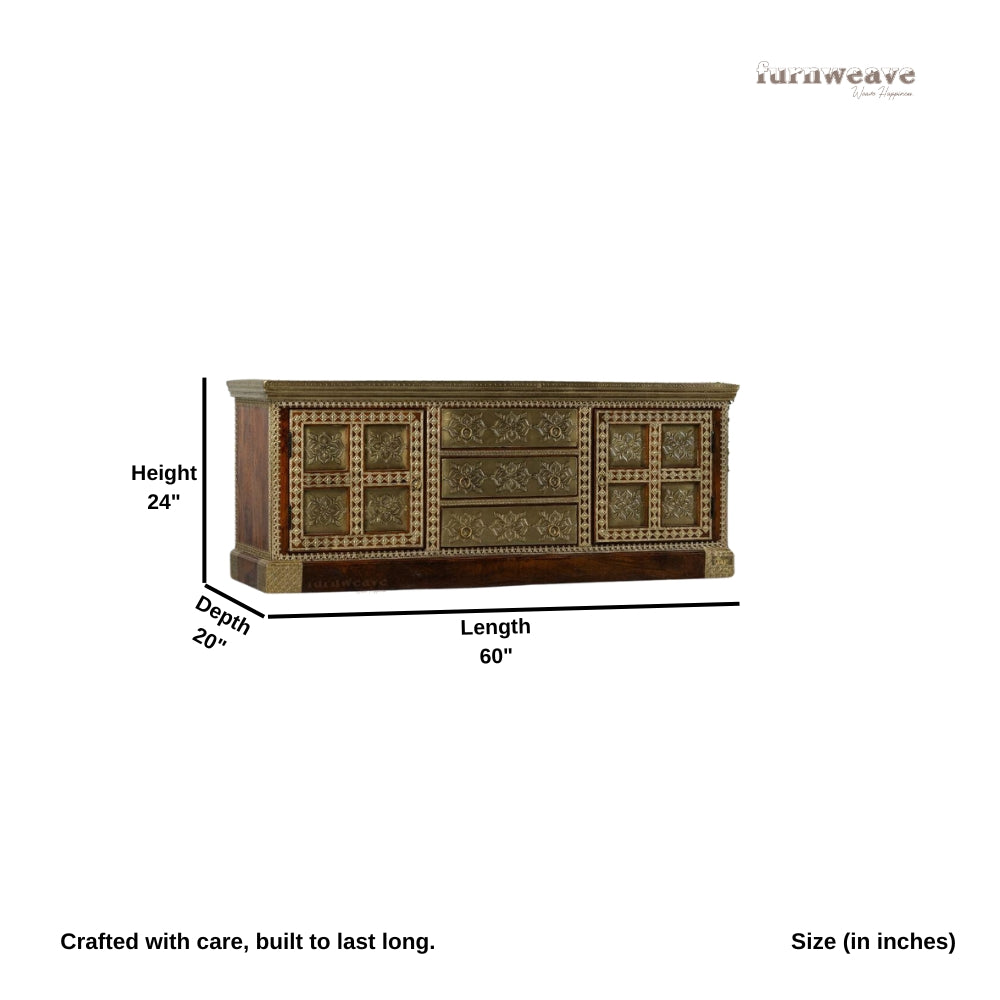 Hunika Wooden Brass Fitted Antique TV Unit (Teak)