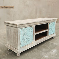 Samvi Wooden Carved Tv Unit (Off White Distress)