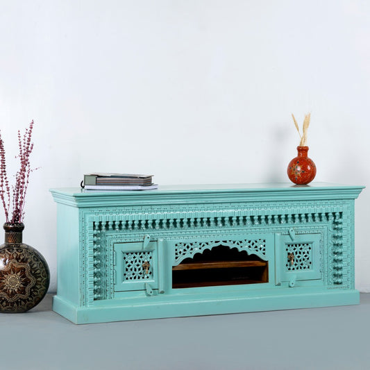 Jami Wooden Carved Tv Unit (Turquoise)