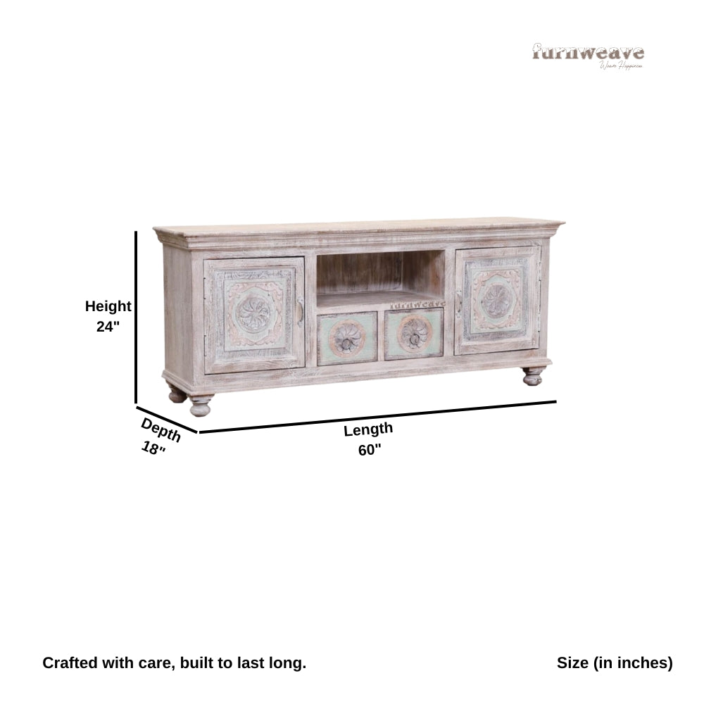 Siva Wooden Carved Distress TV Unit Cabinet (White Grey)