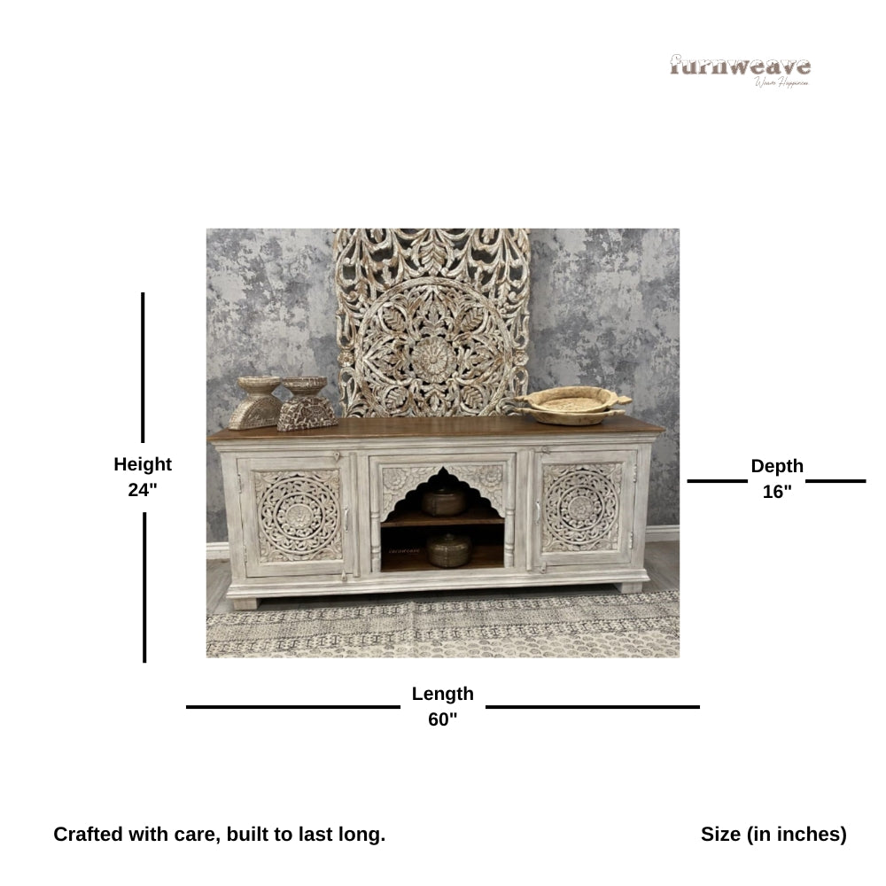 Samip Wooden Carved Tv Unit Cabinet (Light Grey)