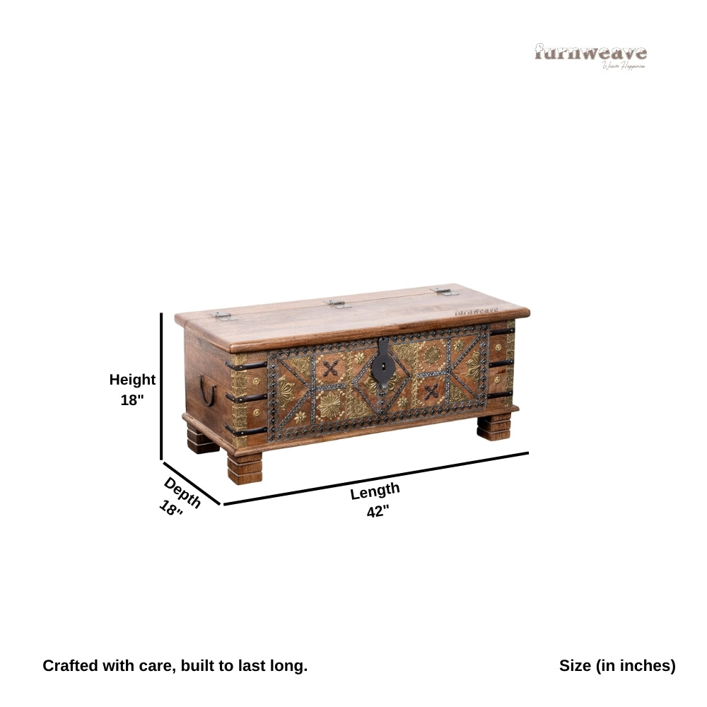 Suko Wooden Brass Fitted Trunk cum Centre Table (Light Walnut)