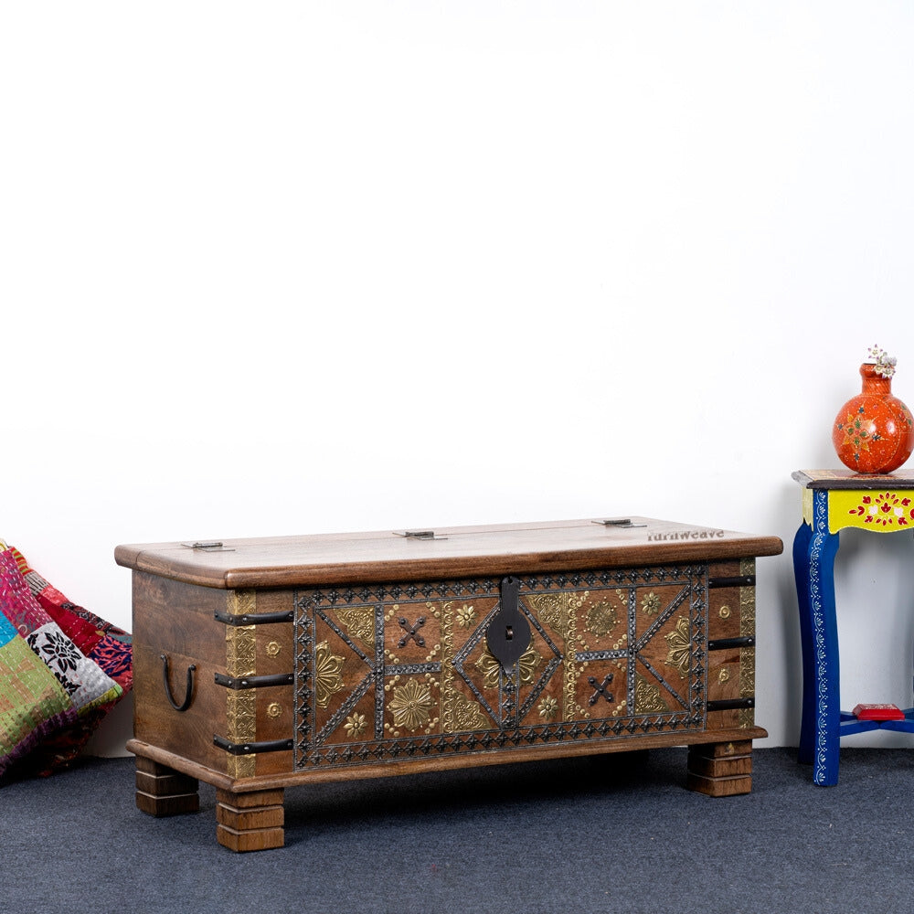 Suko Wooden Brass Fitted Trunk cum Centre Table (Light Walnut)