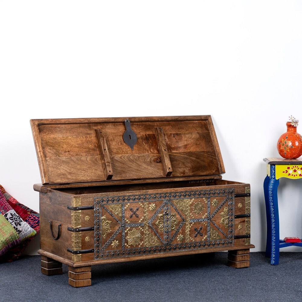 Suko Wooden Brass Fitted Trunk cum Centre Table (Light Walnut)