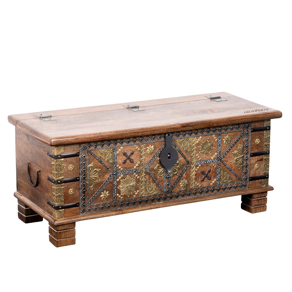 Suko Wooden Brass Fitted Trunk cum Centre Table (Light Walnut)