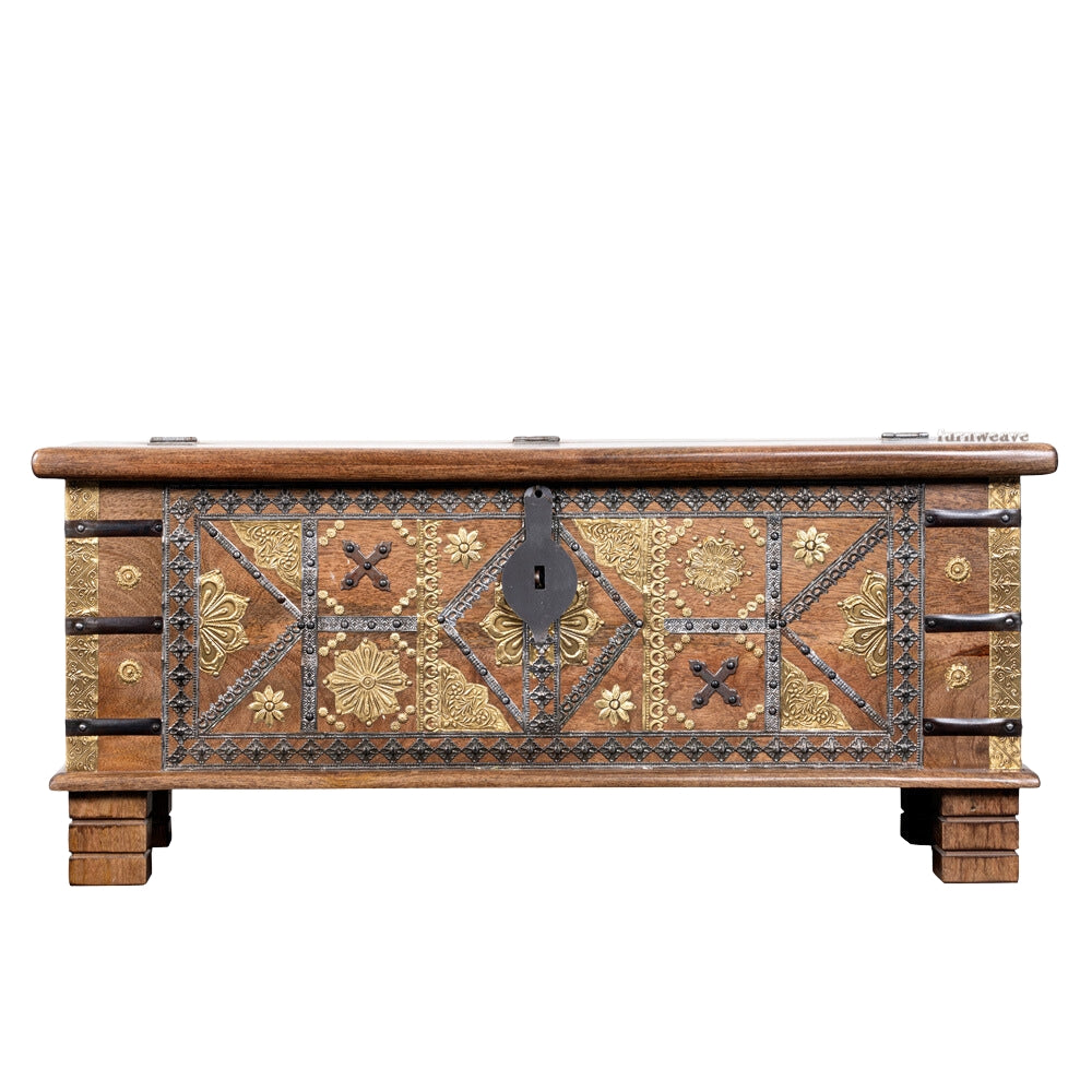 Suko Wooden Brass Fitted Trunk cum Centre Table (Light Walnut)