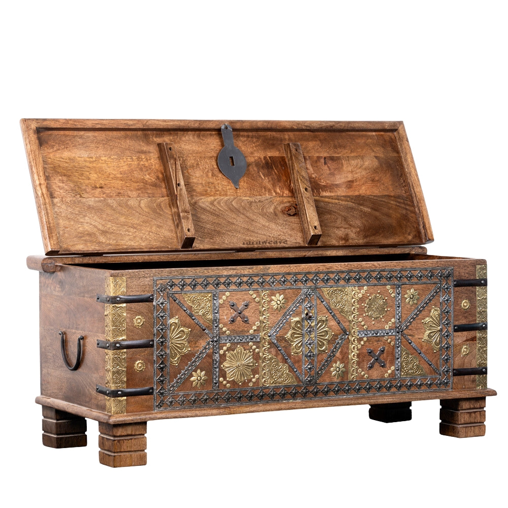 Suko Wooden Brass Fitted Trunk cum Centre Table (Light Walnut)