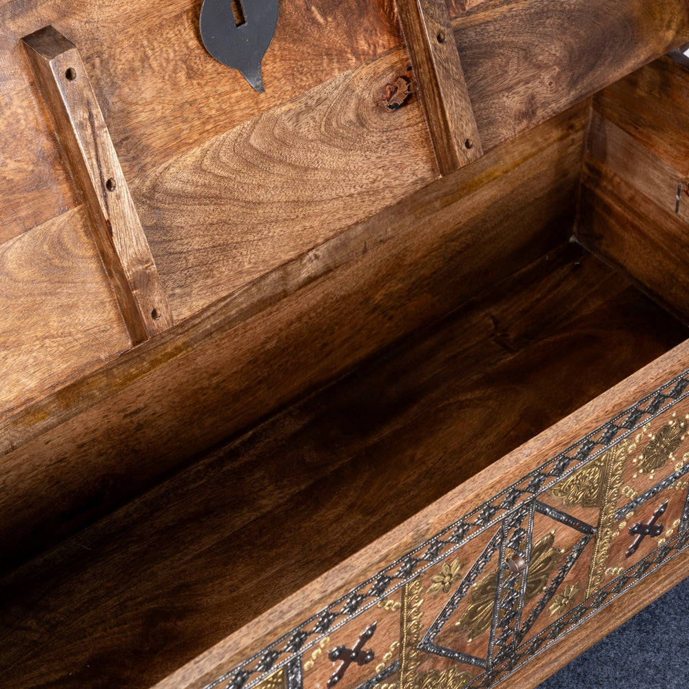 Suko Wooden Brass Fitted Trunk cum Centre Table (Light Walnut)