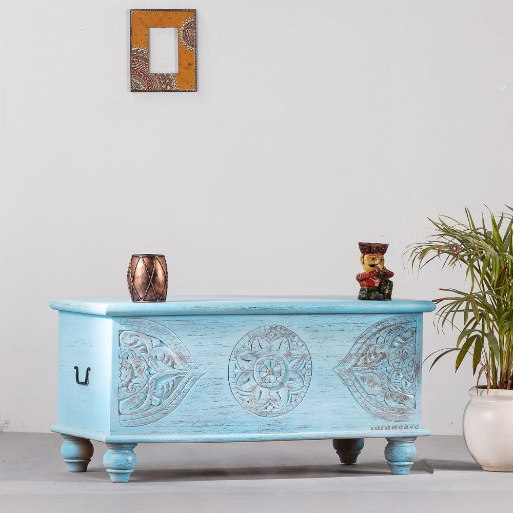 Devin Wooden Carved Storage Trunk Cum Coffee Table (Light Blue Distress)