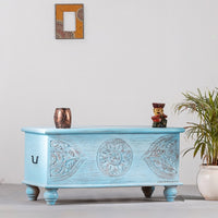 Devin Wooden Carved Storage Trunk Cum Coffee Table (Light Blue Distress)