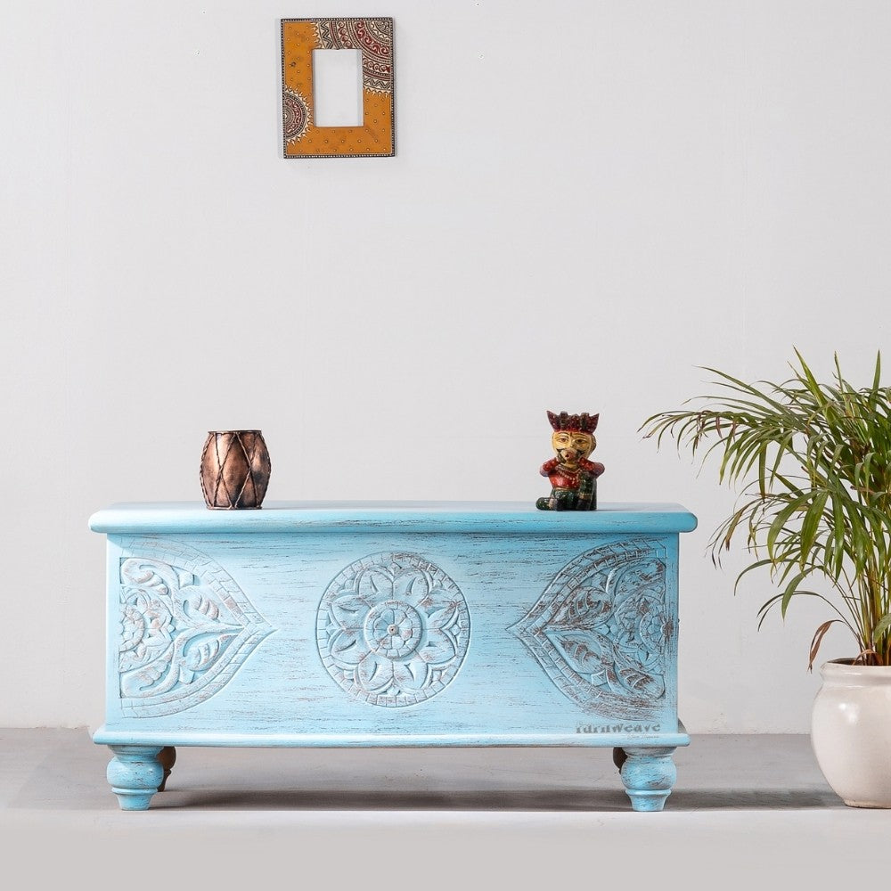 Devin Wooden Carved Storage Trunk Cum Coffee Table (Light Blue Distress)