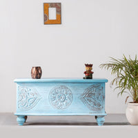 Devin Wooden Carved Storage Trunk Cum Coffee Table (Light Blue Distress)