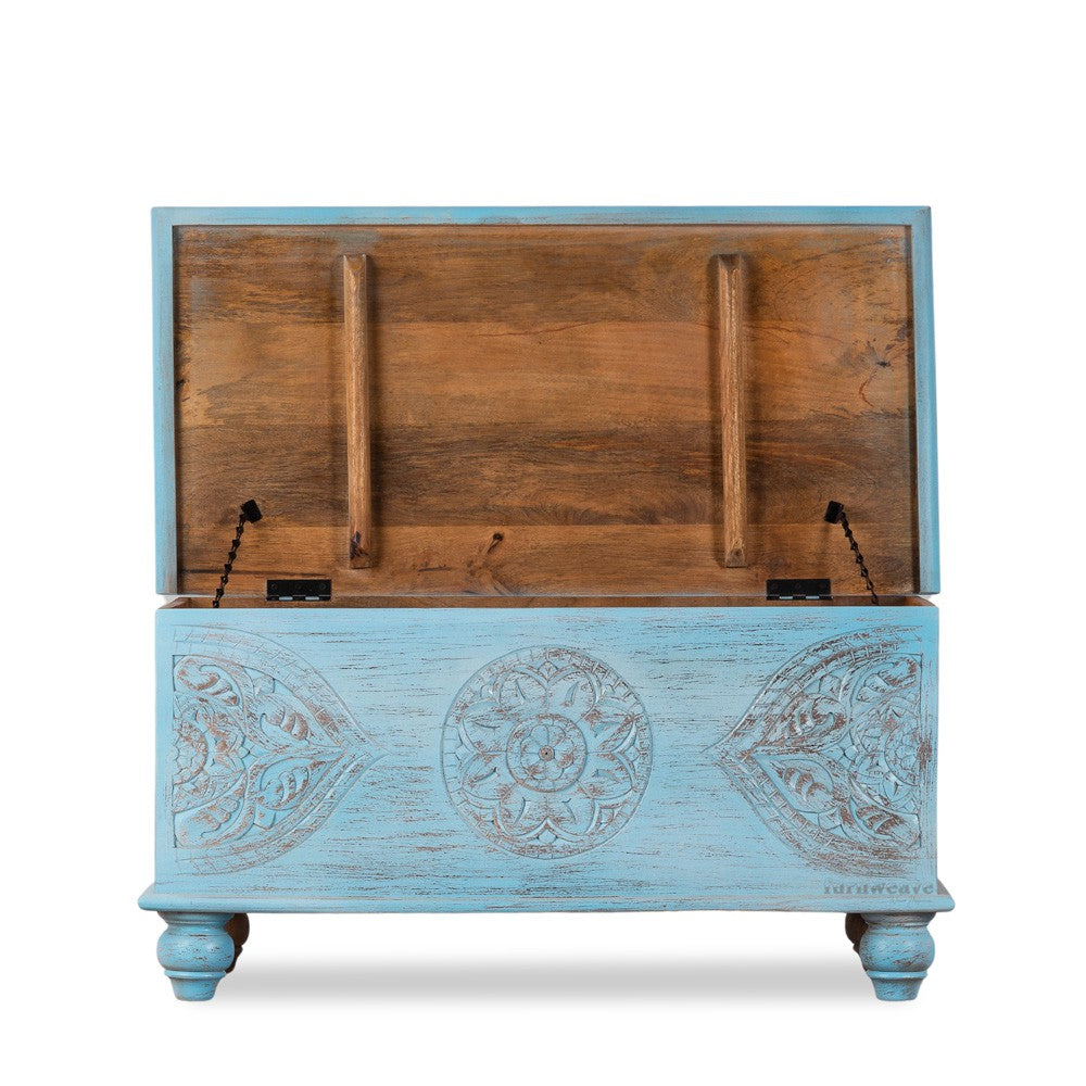 Devin Wooden Carved Storage Trunk Cum Coffee Table (Light Blue Distress)