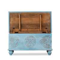 Devin Wooden Carved Storage Trunk Cum Coffee Table (Light Blue Distress)