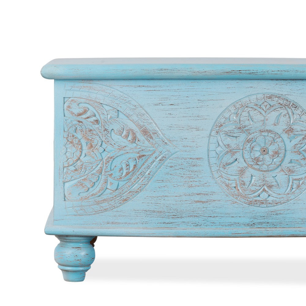 Devin Wooden Carved Storage Trunk Cum Coffee Table (Light Blue Distress)