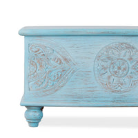 Devin Wooden Carved Storage Trunk Cum Coffee Table (Light Blue Distress)