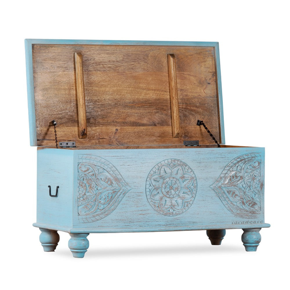 Devin Wooden Carved Storage Trunk Cum Coffee Table (Light Blue Distress)