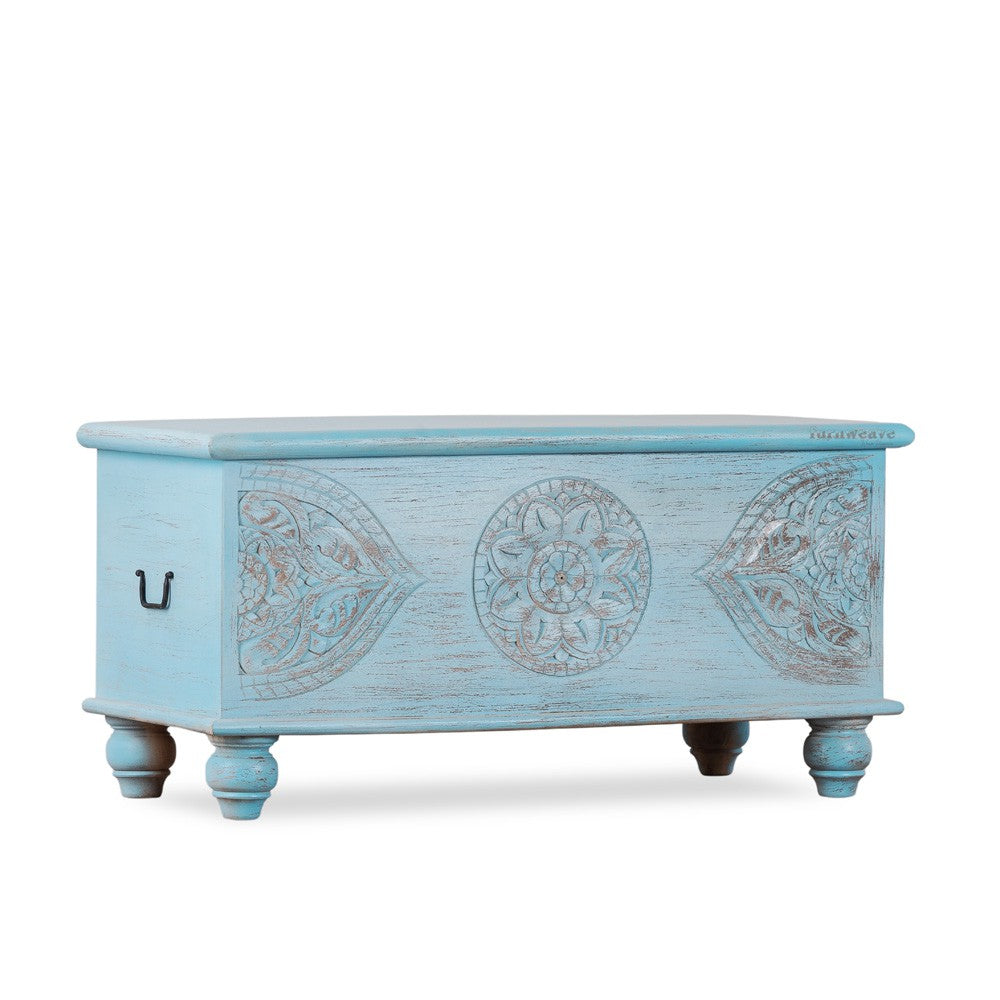 Devin Wooden Carved Storage Trunk Cum Coffee Table (Light Blue Distress)