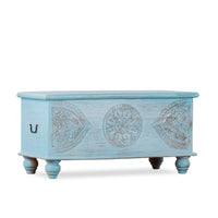 Devin Wooden Carved Storage Trunk Cum Coffee Table (Light Blue Distress)