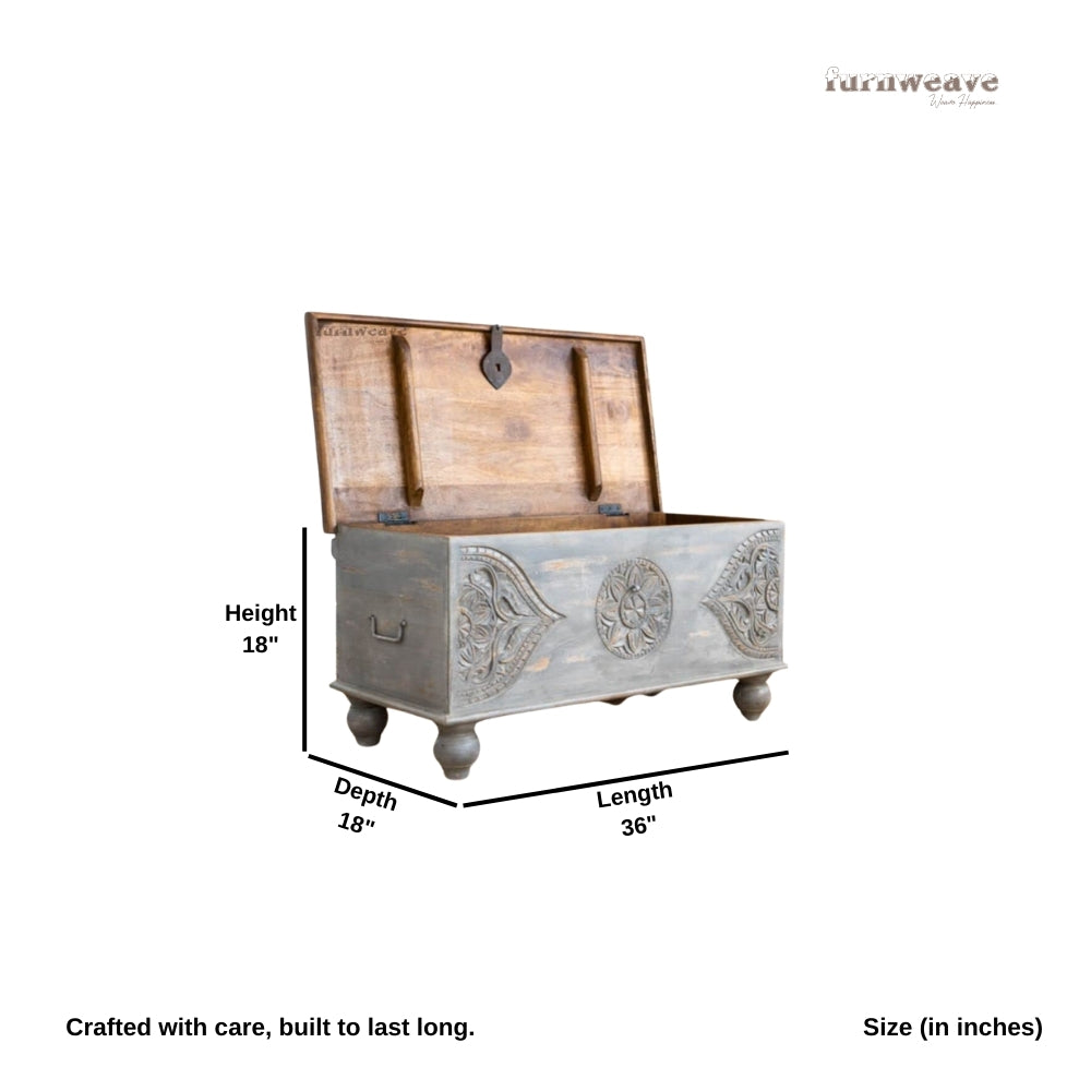 Devin Wooden Carved Storage Trunk Cum Coffee Table (Grey Distress)