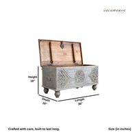 Devin Wooden Carved Storage Trunk Cum Coffee Table (Grey Distress)