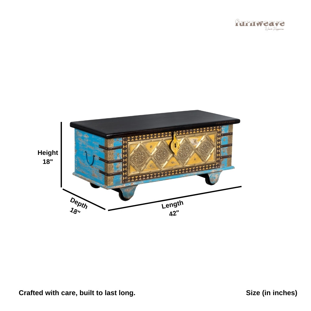 Funi Wooden Brass Fitted Trunk cum Coffee Table (Blue Distress)