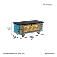 Funi Wooden Brass Fitted Trunk cum Coffee Table (Blue Distress)