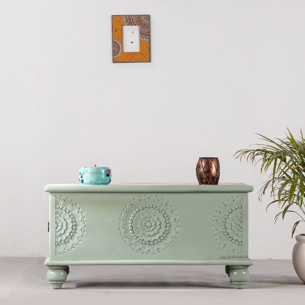 Rafi Wooden Storage Trunk cum Coffee Table (Green Ela)