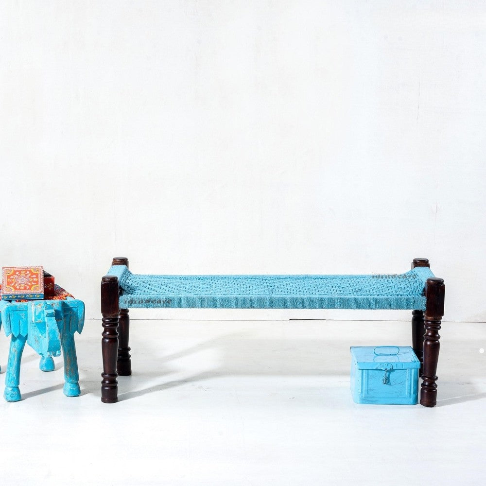 Wooden Patio Balcony Bench in Sheesham Wood (Blue)