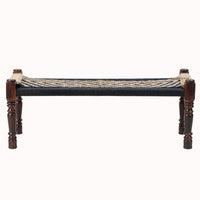 Wooden Patio Balcony Bench in Sheesham Wood (Black and Jute)