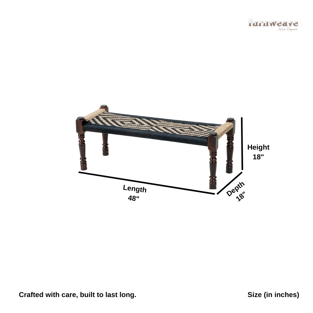 Wooden Patio Balcony Bench in Sheesham Wood (Black and Jute)
