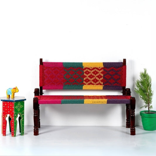 Srima Wooden Handwoven Backrest Bench (Colorful 2)