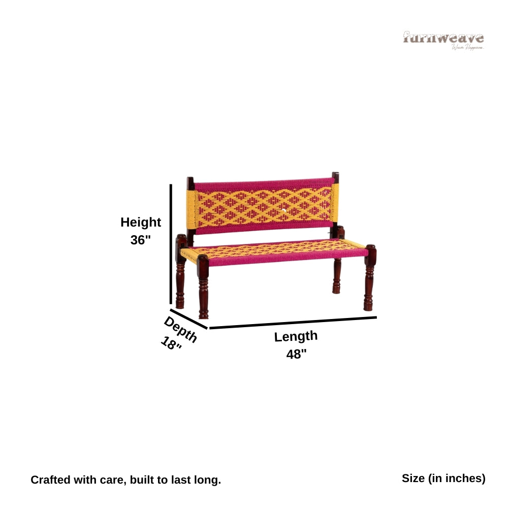 Srima Wooden Handwoven Backrest Bench (Pink and Yellow)
